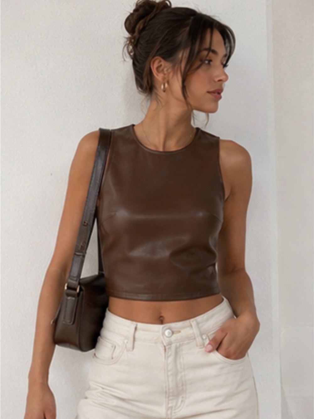 Sleeveless Faux Leather Brown Crop Top with Back Zip